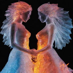 Transforming the man and woman into translucent ice figures, their passionate embrace ignites a flame. This blaze mingles with cosmic colors and light radiating from their hearts, crafting an awe-inspiring spectacle of fire, ice, and cosmic energy.