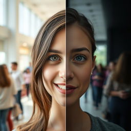 A young woman's face split into two halves