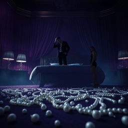 Create a book cover featuring jewels such as pearls scattered and broken on the floor