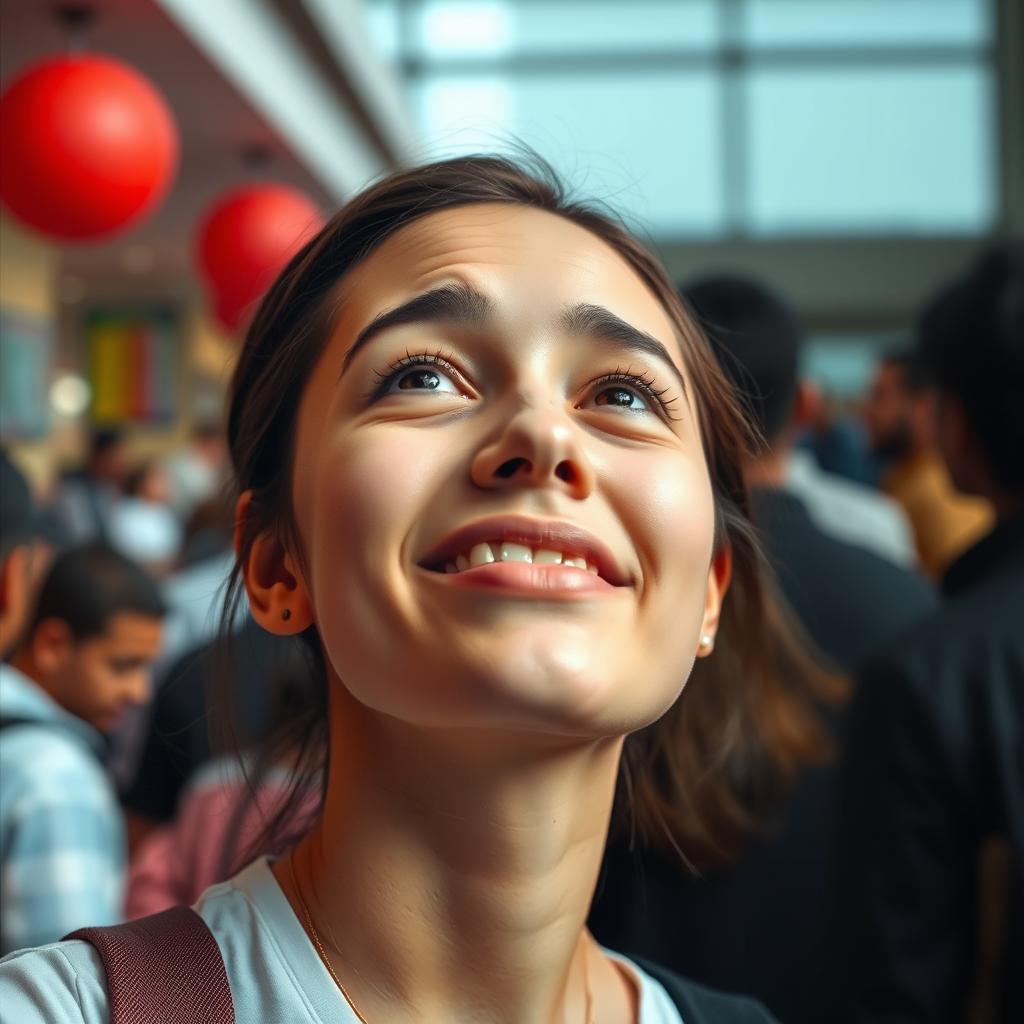 A young woman's face split into two halves, with her head tilted upwards as if looking at the sky