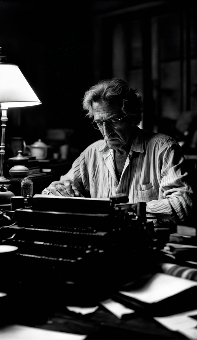 Black and white photograph in Yousuf Karsh style featuring a middle-aged writer at an antique desk with papers, books, and an old-fashioned typewriter, lost in thought.