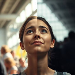 A young woman's face split into two halves, with her head tilted upwards as if looking at the sky