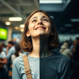 A young woman's face split into two halves, with her head tilted upwards as if looking at the sky