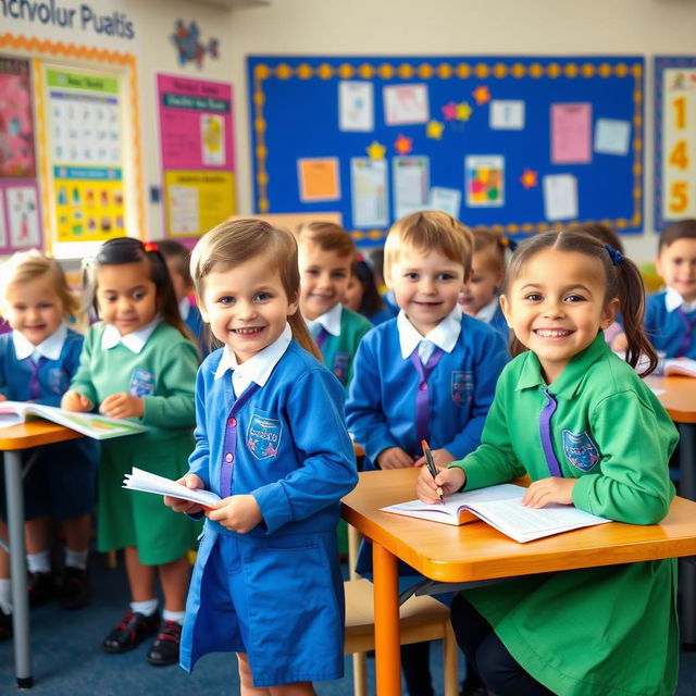 A group of cheerful school kids in a classroom setting, wearing colorful uniforms and engaging in various activities like reading, writing, and playing