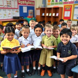 A group of cheerful school kids in a classroom setting, wearing colorful uniforms and engaging in various activities like reading, writing, and playing