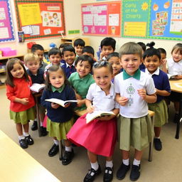 A group of cheerful school kids in a classroom setting, wearing colorful uniforms and engaging in various activities like reading, writing, and playing