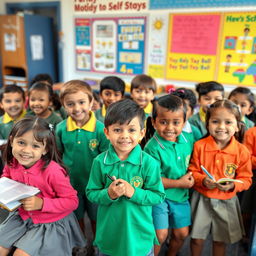 A group of cheerful school kids in a classroom setting, wearing colorful uniforms and engaging in various activities like reading, writing, and playing