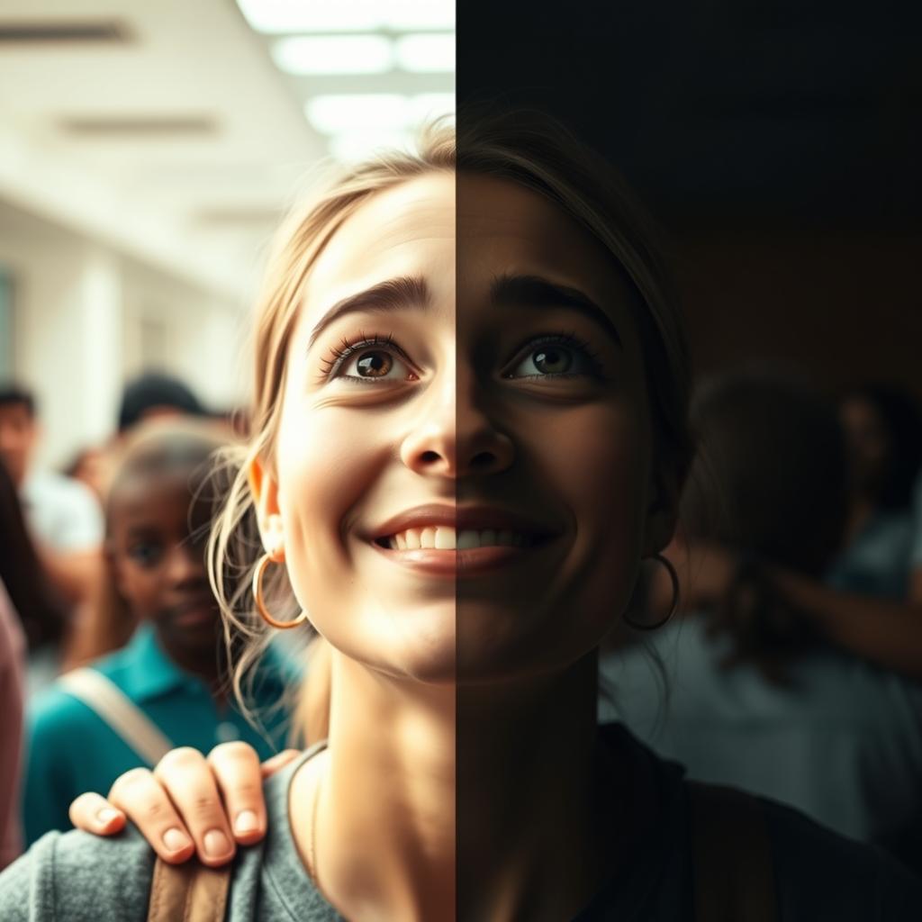 A young woman's face split into two halves, with her head tilted upwards as if looking at the sky