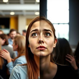 A young woman's face split into two halves, with her head tilted upwards as if looking at the sky