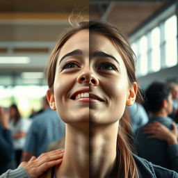 A young woman's face split into two halves, with her head tilted upwards as if looking at the sky