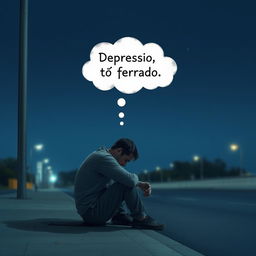 An image of a man sitting on a sidewalk on a clear night