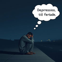 An image of a man sitting on a sidewalk on a clear night