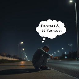 An image of a man sitting on a sidewalk on a clear night