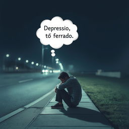 An image of a man sitting on a sidewalk on a clear night