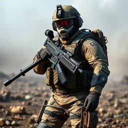 A highly detailed image of a soldier in full combat gear, standing in a defensive position