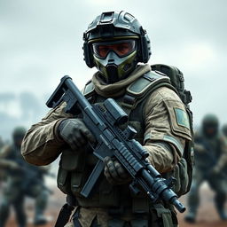 A highly detailed image of a soldier in full combat gear, standing in a defensive position