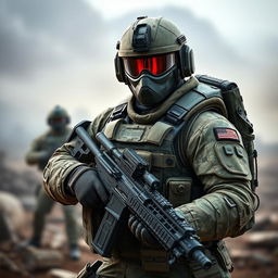 A highly detailed image of a soldier in full combat gear, standing in a defensive position