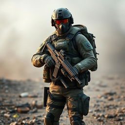 A highly detailed image of a soldier in full combat gear, standing in a defensive position