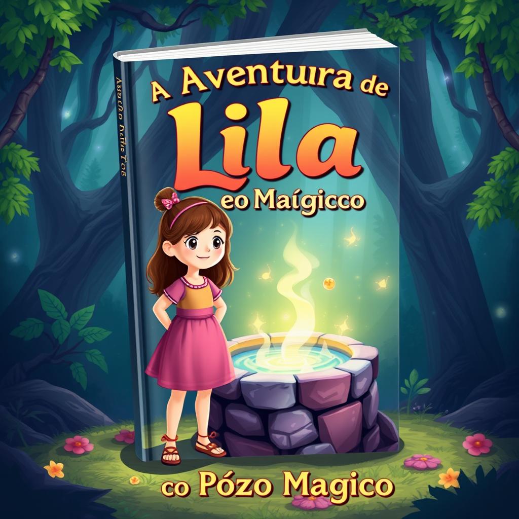 Create a book cover titled 'A Aventura de Lila e o Poço Mágico'