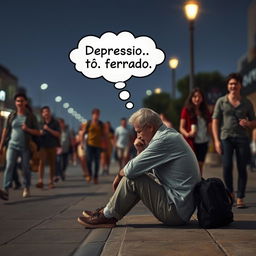 Create an image of a man sitting on a sidewalk on a clear night