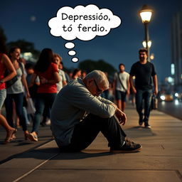 Create an image of a man sitting on a sidewalk on a clear night