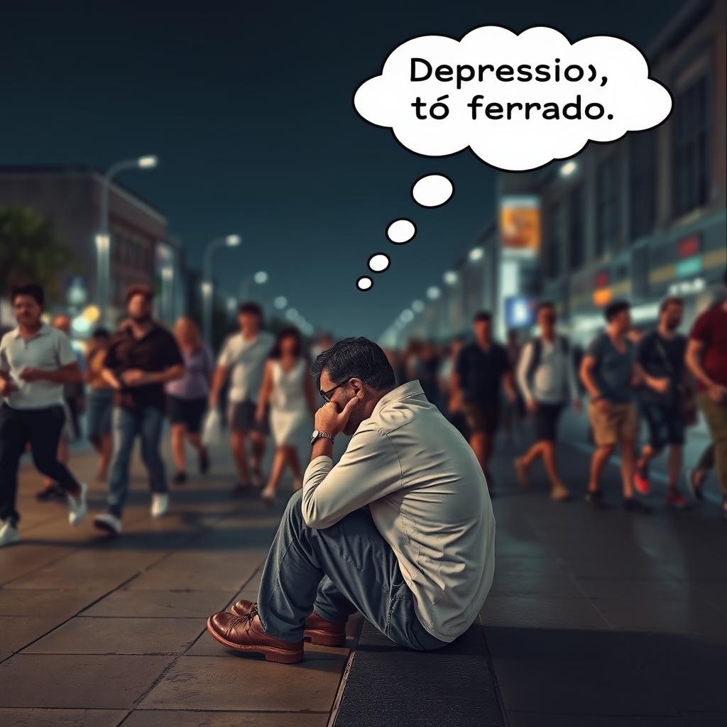 Create an image of a man sitting on a sidewalk on a clear night