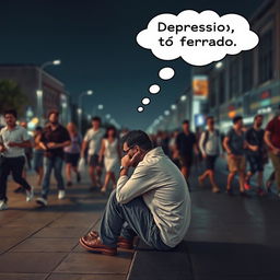 Create an image of a man sitting on a sidewalk on a clear night