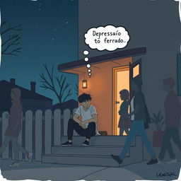 A young man and woman sitting on the doorstep of a house on a clear night, engaged in conversation