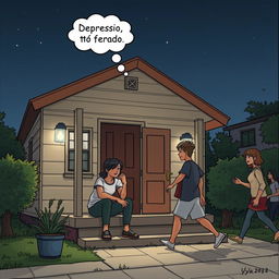 A young man and woman sitting on the doorstep of a house on a clear night, engaged in conversation