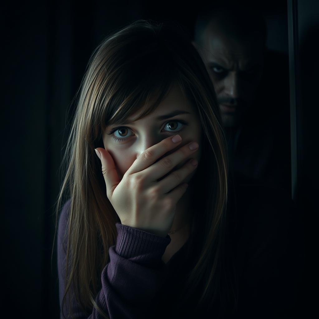 A very beautiful girl is hiding and covering her mouth with her hand