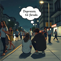 Create an image of a young man and woman sitting on the sidewalk of a street on a clear night, engaged in conversation