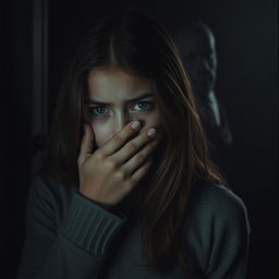 A very beautiful girl is hiding and covering her mouth with her hand