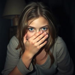 A very beautiful girl is hiding and covering her mouth with her hand