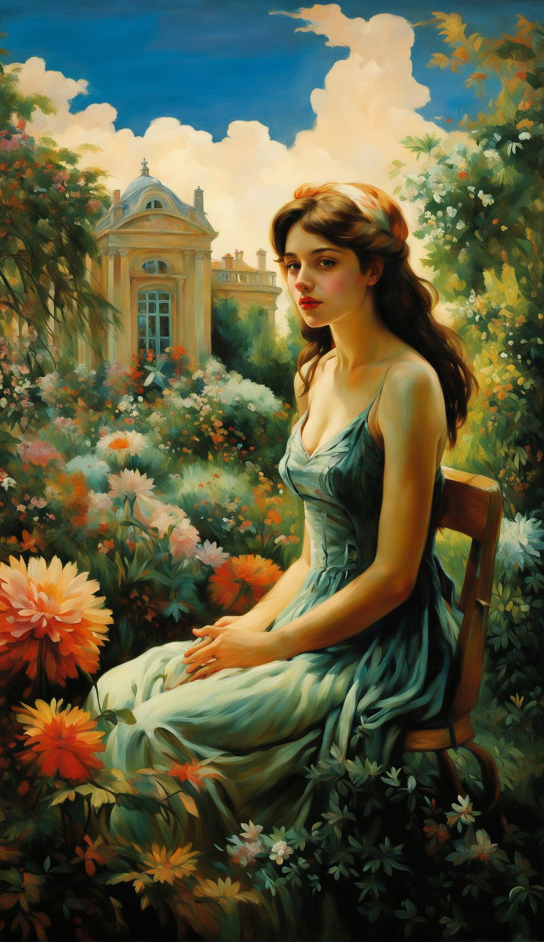 A painting in the style of Octave Denis Victor Guillonnet featuring a young woman in a lush garden with a grand manor house in the background.