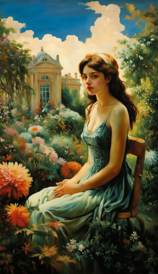 A painting in the style of Octave Denis Victor Guillonnet featuring a young woman in a lush garden with a grand manor house in the background.