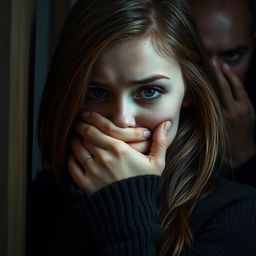 A very beautiful girl is hiding and covering her mouth with her hand