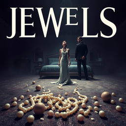 Create a book cover featuring jewels such as pearls scattered and broken on the floor