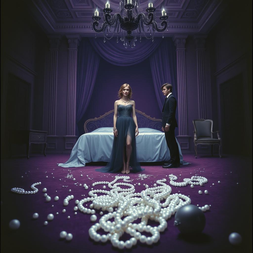 Create a book cover featuring jewels such as pearls scattered and broken on the floor