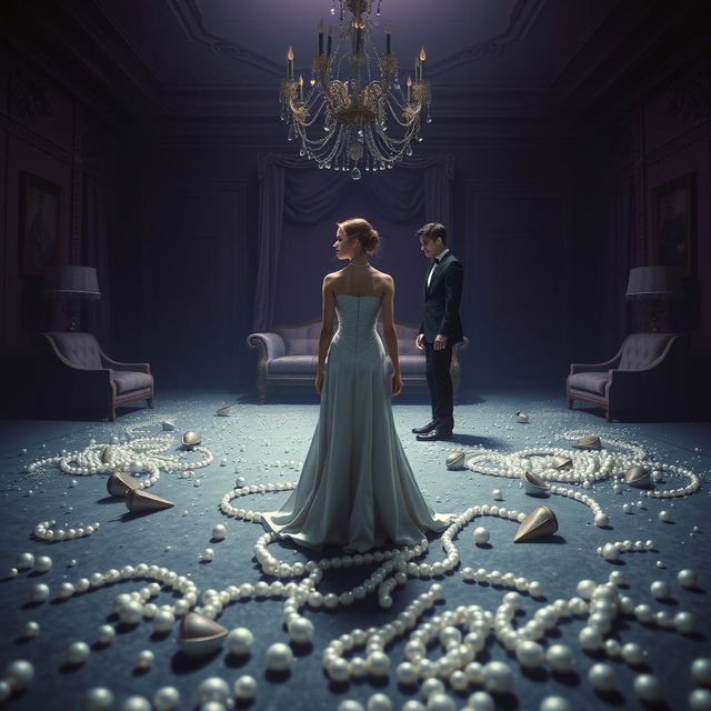 Create a book cover featuring jewels such as pearls scattered and broken on the floor