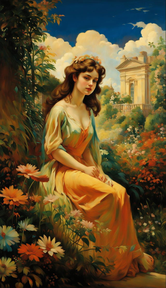 A painting in the style of Octave Denis Victor Guillonnet featuring a young woman in a lush garden with a grand manor house in the background.