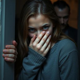 A very beautiful girl is hiding and covering her mouth with her hand