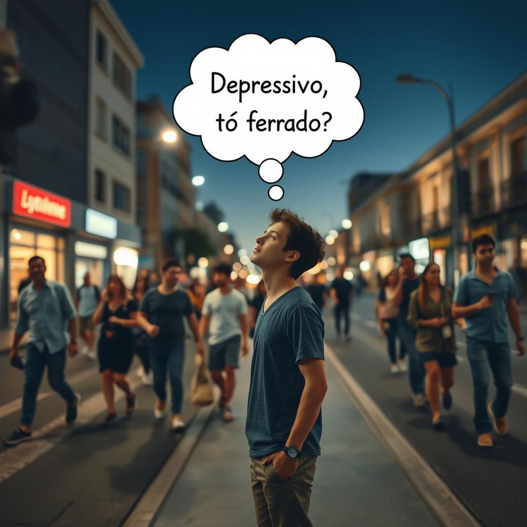 Create an image of a young man standing on the sidewalk of a street, looking up at the sky on a clear night