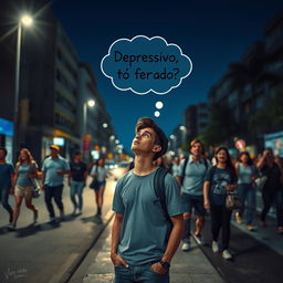 Create an image of a young man standing on the sidewalk of a street, looking up at the sky on a clear night