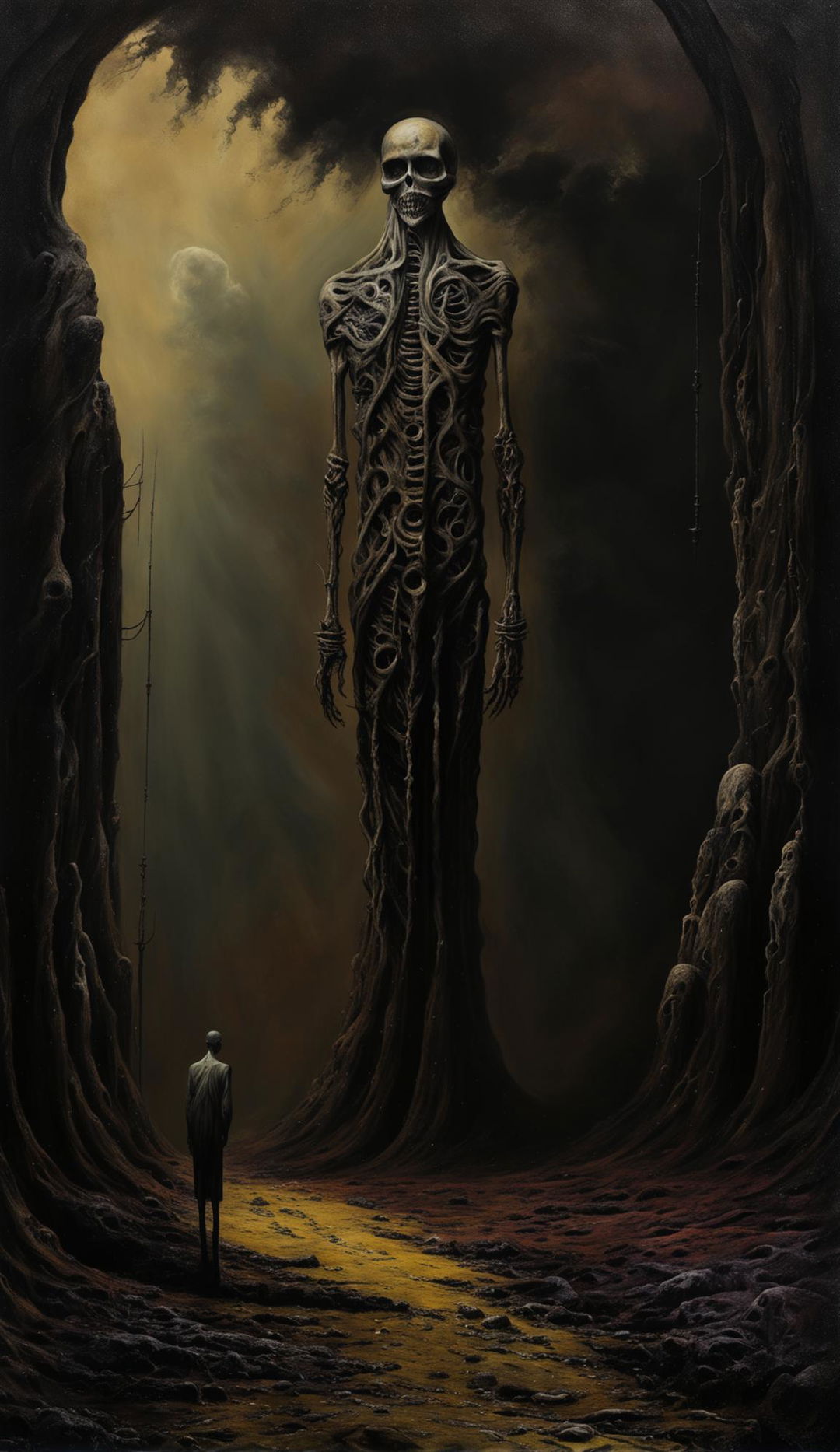 A Zdzisław Beksiński-inspired painting depicting a grotesque skeletal structure in a desolate landscape under a swirling sky. A solitary, distorted figure stands in the foreground.