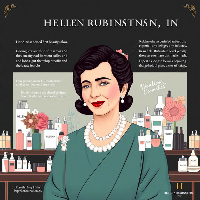 A detailed illustration of Helena Rubinstein, the founder of Helena Rubinstein Inc