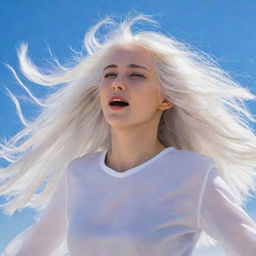 A young girl with vibrant white hair fluttering in the wind.