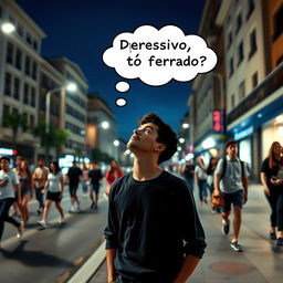 Create an image of a young man standing on the sidewalk of a street, looking up at the sky on a clear night