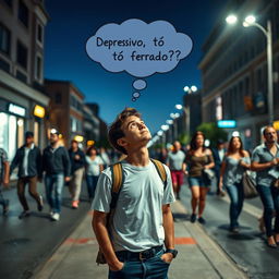 Create an image of a young man standing on the sidewalk of a street, looking up at the sky on a clear night