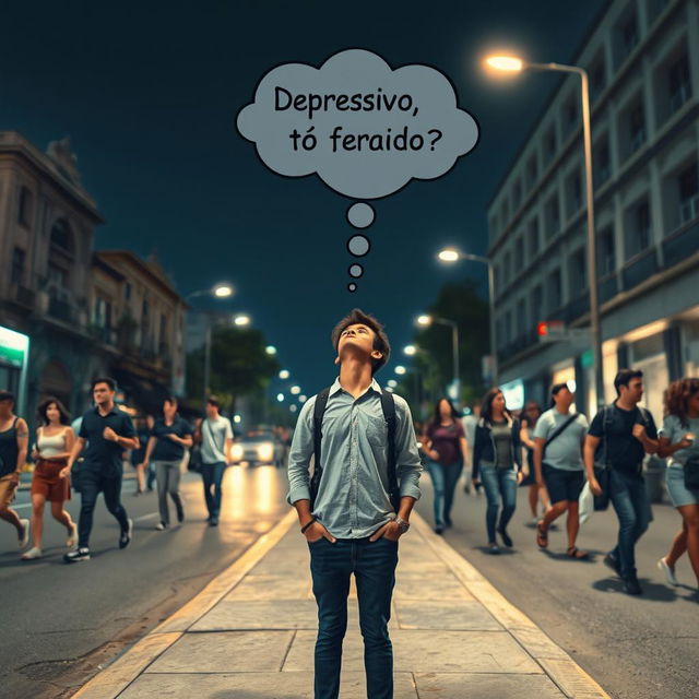 Create an image of a young man standing on the sidewalk of a street, looking up at the sky on a clear night