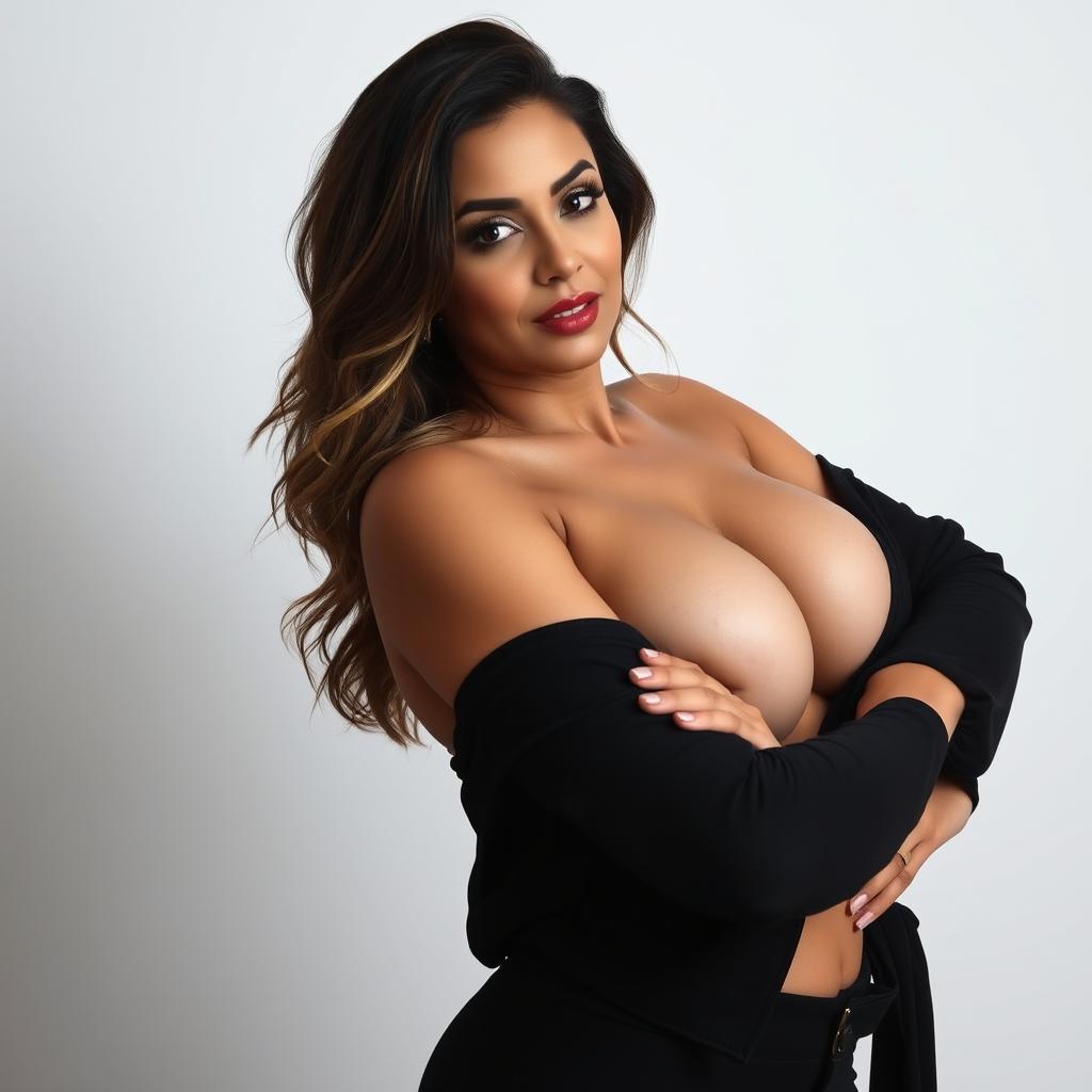 A woman with sexy big boobs is posing confidently